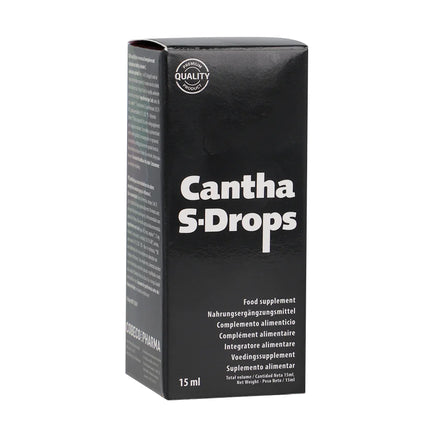 Schwarze rechteckige dose cobeco cantha s-drops 15 ml mit mehrsprachiger etikettierung für natürliche weise und energie