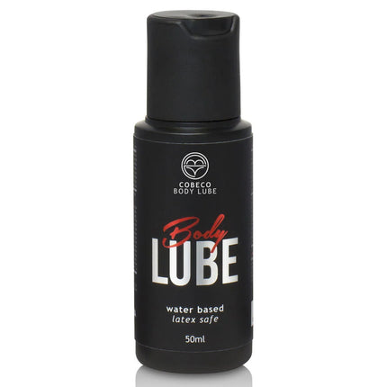Schwarze plastikflasche cobeco körperlube wasserbasiert latexsicher 50ml rückseite des produkts