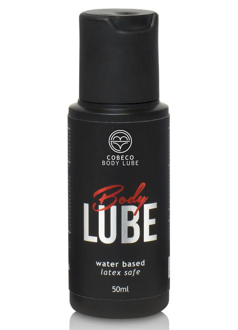 Schwarze plastikflasche cobeco körperlube wasserbasiert latexsicher 50ml rückseite des produkts