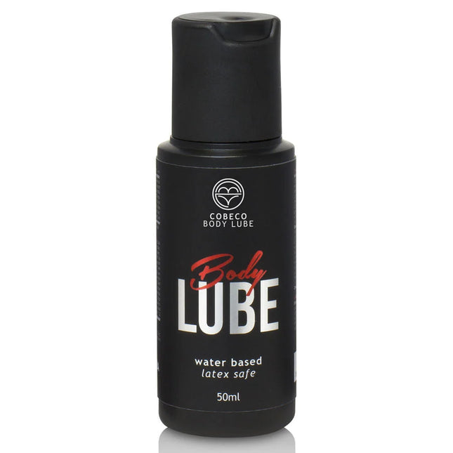Schwarze plastikflasche cobeco körperlube wasserbasiert latexsicher 50ml rückseite des produkts