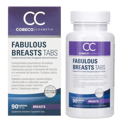 Weiße kunststoffflasche mit fabulous breasts tabs von cobeco cosmetic und lila etikett neben passender schachtel
