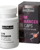 Weiße plastikflasche cobeco coolman cum enhancer 30 kapseln 19,5 g mit schwarzem etikett und weißem rippverschluss