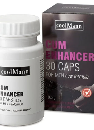 Weiße plastikflasche cobeco coolman cum enhancer 30 kapseln 19,5 g mit schwarzem etikett und weißem rippverschluss