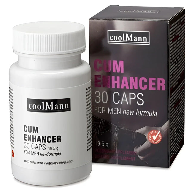 Weiße plastikflasche cobeco coolman cum enhancer 30 kapseln 19,5 g mit schwarzem etikett und weißem rippverschluss