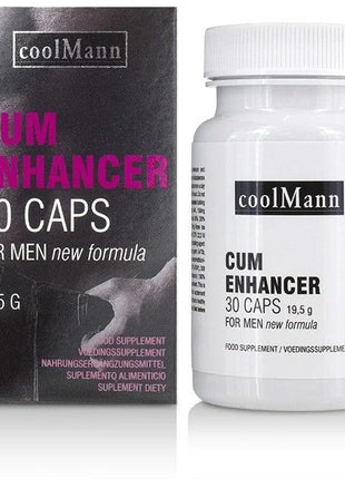Weiße plastikflasche cobeco coolman cum enhancer mit weißem verschluss und 30 kapseln für männer