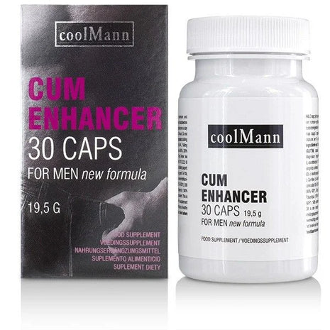 Weiße plastikflasche cobeco coolman cum enhancer mit weißem verschluss und 30 kapseln für männer