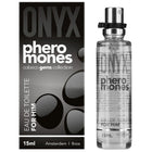 Clear glas sprayflasche mit silbernem verschluss und schwarzer textbeschriftung pheromones für ihn 15ml eau de toilette von cobeco gems collection