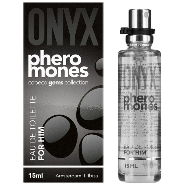 Clear glas sprayflasche mit silbernem verschluss und schwarzer textbeschriftung pheromones für ihn 15ml eau de toilette von cobeco gems collection