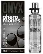 Clear glas sprayflasche mit silbernem verschluss und schwarzer textbeschriftung pheromones für ihn 15ml eau de toilette von cobeco gems collection