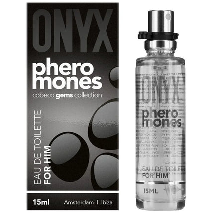 Clear glas sprayflasche mit silbernem verschluss und schwarzer textbeschriftung pheromones für ihn 15ml eau de toilette von cobeco gems collection