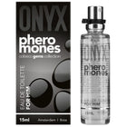 Clear glas sprayflasche mit silbernem verschluss und schwarzer textbeschriftung pheromones für ihn 15ml eau de toilette von cobeco gems collection