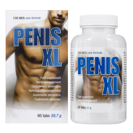 Weiße kunststoffflasche mit blau weißem label penis xl für männersupplement mit tribulus terrestris muira puama und sibirischer ginseng