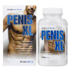 Weiße kunststoffflasche mit blau weißem label penis xl für männersupplement mit tribulus terrestris muira puama und sibirischer ginseng