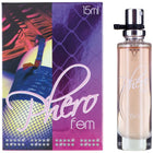 Ein eleganter 15ml glaszylinder parfumspray mit silberner düse und schwarzer kappe enthält bernsteinfarbenes pherofem eau de parfum damen