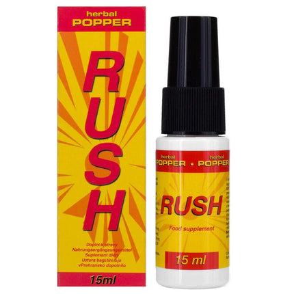 Weiße sprayflasche mit schwarzem cap und gelbem etikett mit rotem rush text für rush herbal popper mit ginkgo biloba und sibirischer ginseng 15 ml
