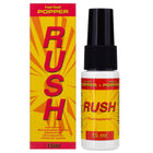 Weiße sprayflasche mit schwarzem cap und gelbem etikett mit rotem rush text für rush herbal popper mit ginkgo biloba und sibirischer ginseng 15 ml