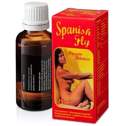Ein 15ml bernsteinglasflasche mit weißem schraubverschluss, spanische fliege label und l-arginin hcl auf dunklem etikett