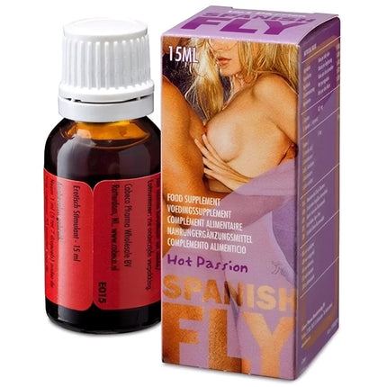 Ein dunkles bernsteinfarbenes glasfläschchen mit weißem geripptem verschluss und rotem etikett enthält 15ml spanische fly hot passion zur steigerung der sexuellen leistungsfähigkeit und des sexuellen verlangens