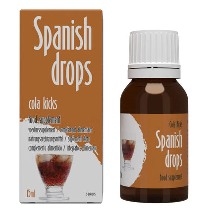 Brown glasflasche mit weißem geripptem verschluss und orangem label mit spanish drops cola zur unterstützung sexuelle leistungsfähigkeit und sexuelles verlangen