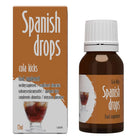 Brown glasflasche mit weißem geripptem verschluss und orangem label mit spanish drops cola zur unterstützung sexuelle leistungsfähigkeit und sexuelles verlangen