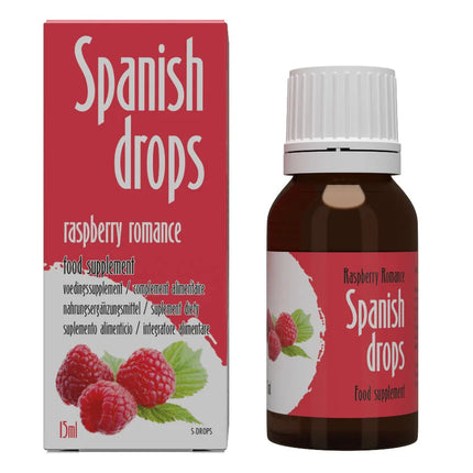 Eine dunkelbraune glasflasche mit weißem rippenverschluss und rotem etikett der marke spanish drops himbeer-romantik 15 ml