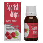 Eine dunkelbraune glasflasche mit weißem rippenverschluss und rotem etikett der marke spanish drops himbeer-romantik 15 ml