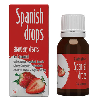 Rotes und weißes etikettierte spanische drops strawberry dreams 15 ml in dunkler glasflasche zur unterstützung sexuelle leistungsfähigkeit