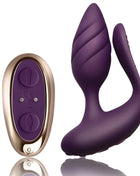 Lila silikone analvibrator mit fernbedienung und goldfarbenem steuergerät cocktail plug
