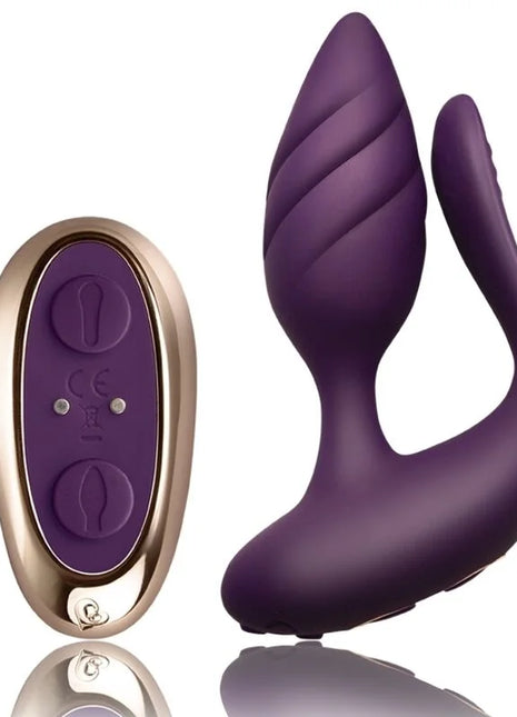 Lila silikone analvibrator mit fernbedienung und goldfarbenem steuergerät cocktail plug