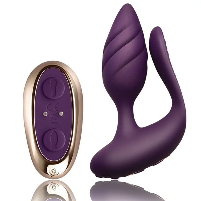 Lila silikone analvibrator mit fernbedienung und goldfarbenem steuergerät cocktail plug