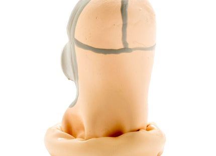 Beige silikonfigur mit grauen linien im design eines stilisierten kopfs für condomerie handbemalte kondome gasmaske