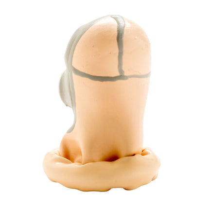 Beige silikonfigur mit grauen linien im design eines stilisierten kopfs für condomerie handbemalte kondome gasmaske