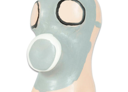 Graue gummi gaskmaske mit schwarz umrandeten augenöffnungen und weißem filter von condomerie handbemalt