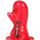Rote plastik-Ofenhandschuhe mit schwarzem schnürdesign und schleifendetail aus der condomerie handbemalte neuheiten box