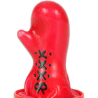 Rote plastik-Ofenhandschuhe mit schwarzem schnürdesign und schleifendetail aus der condomerie handbemalte neuheiten box