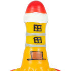 Ein handbemaltes kondome spielzeug in leuchtturmform mit gelb, rot und weiß sowie schwarzen fensteraufklebern und brauner tür