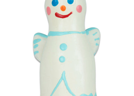 Ein fröhlicher weißer plastik-gingerbread-mann mit gelben haaren und handbemalten details von condomerie