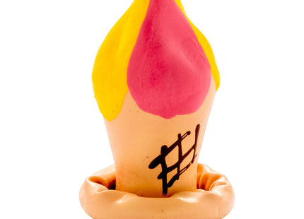 Ein lebhaftes pink-gelbes eisförmiges spielzeug mit pfirsichfarbener basis und schwarzem hashtag von condomerie