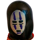 Glänzende schwarze handbemalte kondome maske ghost black mit weißem gesicht und lila markierungen spirited away inspiriert