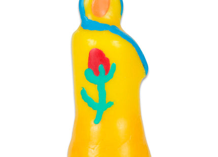 Bright gelbe kerzenförmige handbemalte neuheitskerze mit blauem rand und rosendekor von condomerie