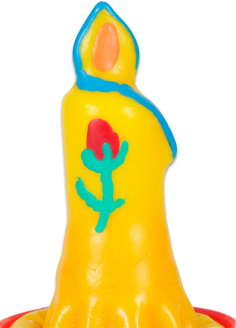 Bright gelbe kerzenförmige handbemalte neuheitskerze mit blauem rand und rosendekor von condomerie