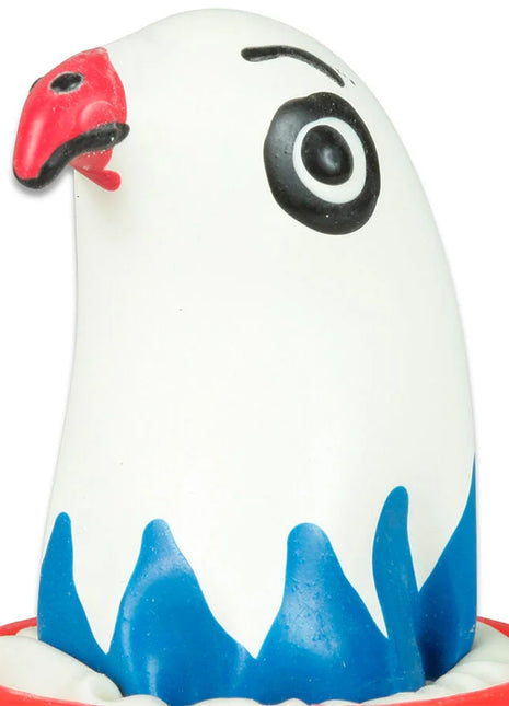 Weißes kunststoff adlerfigur kondom mit rotem schnabel schwarzem auge und blauen flügelspitzen von Condomerie