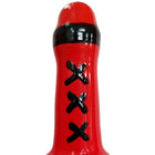 Rotes silikonspielzeug mit schwarzer schnürung und schwarzem ring nahe der oberseite von condomerie handbemalte neuheitskondome amsterdam rot
