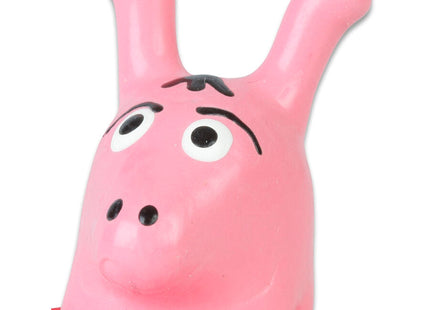 Pinkfarbene kunststofffigur eines cartoon-kaninchens mit schwarzen augen für handbemalte kondome aus kalbsleder