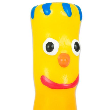 Handbemaltes gummi-hundespielzeug bright yellow mit blauen streifen und gesicht für condomerie brother neuheitskondome