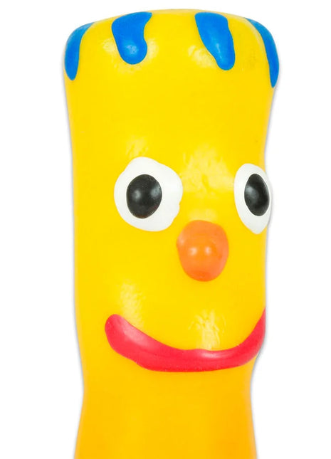Handbemaltes gummi-hundespielzeug bright yellow mit blauen streifen und gesicht für condomerie brother neuheitskondome