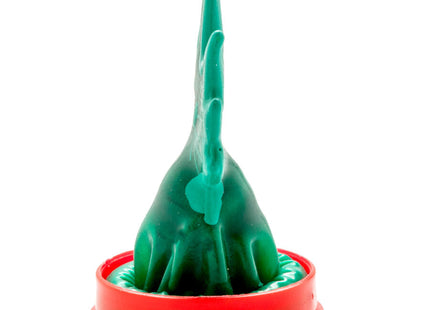 Grüne plastikdinosaurierfigur mit langem hals und stacheln auf rotem rundem sockel im condomerie cannabis modell