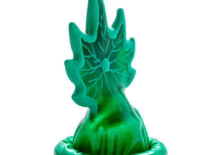 Lebendige grüne plastikfigur in blattform mit detaillierten venen und rundem sockel aus condomerie handbemalte cannabis kondome modell 1