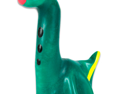 Grüne kunststoff dinosaurierfigur mit roter nase schwarzen augen und drei schwarzen punkten am hals aus condomerie handbemalte neuheitskondome cobra
