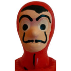 Roter plastikfigur von la casa de papel mit roter kapuze und handbemalter dali-maske bei condomerie neuheit